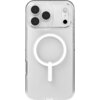 Przezroczyste etui na telefon z trzema dużymi otworami na aparaty oraz jednym mniejszym na lampę błyskową, posiada widoczny okrągły wzór MagSafe. Na etui nie ma widocznych napisów ani logo.