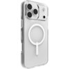 Przezroczyste etui z okrągłym uchwytem na tylnej części, zaprojektowane dla Apple iPhone 17 Pro Max, z widocznymi wycięciami na aparat i przyciski. Produkt posiada funkcję MagSafe i wbudowaną podstawkę.