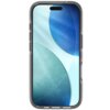 Przezroczyste etui na telefon z widocznymi przyciskami i wycięciem na aparat, na ekranie telefonu wyświetlany jest abstrakcyjny wzór z niebieskimi i zielonymi okręgami. Produkt jest przeznaczony do urządzeń z funkcją MagSafe.