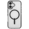 Przezroczyste etui na telefon z czarnym obramowaniem i dużym, czarnym okręgiem z pionową linią na środku, przeznaczone do modelu iPhone 17. W górnym rogu widoczne są dwa otwory na aparaty oraz mniejszy otwór na lampę błyskową.