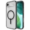 Na zdjęciu widoczne jest przezroczyste etui z czarnym okręgiem na tylnej części, przeznaczone do telefonu Apple iPhone 17 Air. Etui ma wycięcia na aparat i przyciski, a w tle widać ekran telefonu z zielono-niebieską grafiką.