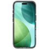 Przezroczyste etui na telefon z widocznymi zaokrąglonymi krawędziami, w środku ekran z abstrakcyjną grafiką w odcieniach zieleni i turkusu. Etui ma wycięcia na przyciski i porty urządzenia.