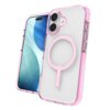 Na zdjęciu znajduje się różowe etui ZAGG Santa Cruz Snap MagSafe do Apple iPhone 17, z przezroczystym tyłem i widocznym okrągłym wzorem MagSafe. Obok etui widoczny jest telefon z wyświetlaczem pokazującym abstrakcyjną grafikę w odcieniach niebieskiego i z