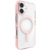 Przezroczyste etui z różowymi akcentami, zaprojektowane dla Apple iPhone 17, posiada okrągły wzór MagSafe na tylnej części. W górnym rogu widoczne są dwa otwory na aparaty oraz wycięcie na lampę błyskową.