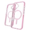 Różowe etui ZAGG Santa Cruz Snap MagSafe do Apple iPhone 17, wykonane z przezroczystego materiału, z widocznym okrągłym wzorem MagSafe. Produkt ma wycięcia na aparat i przyciski oraz wzmocnione narożniki.