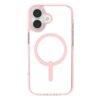 Przezroczyste etui z różowymi krawędziami i okrągłym wzorem MagSafe na środku, przeznaczone do telefonu z podwójnym aparatem. Produkt jest kompatybilny z Apple iPhone 17.