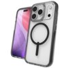 Przezroczyste etui z czarnym okręgiem na tylnej części, przeznaczone do telefonu z trzema obiektywami aparatu i wyświetlaczem z kolorową grafiką. Produkt jest kompatybilny z technologią MagSafe.