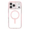 Przezroczyste etui z różowymi akcentami, zaprojektowane dla iPhone 17 Pro Max, posiada wycięcia na aparat i okrągły wzór MagSafe na środku. Produkt jest przeznaczony do ochrony telefonu, z widocznymi trzema otworami na obiektywy aparatu i dodatkowymi wyci