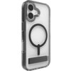 Przezroczyste etui na telefon z czarnym okręgiem MagSafe i wbudowaną podstawką, zaprojektowane dla modelu Apple iPhone 17. Etui ma wycięcia na aparat i przyciski oraz widoczne logo producenta "ZAGG".