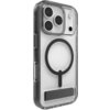 Przezroczyste etui na telefon z czarnymi elementami, w tym okręgiem na środku i prostokątnym uchwytem na dole, zaprojektowane dla modelu iPhone. Etui posiada wycięcia na aparat i przyciski boczne.