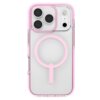 Przezroczyste etui z różowymi akcentami, zaprojektowane dla Apple iPhone 17 Pro, posiada okrągły wzór kompatybilny z MagSafe. Etui ma wycięcia na trzy duże obiektywy aparatu oraz dodatkowe otwory na inne elementy telefonu.