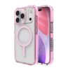 Przezroczyste etui z różowymi akcentami, zaprojektowane dla iPhone 17 Pro, posiada okrągły wzór MagSafe na tylnej części. W tle widoczny jest ekran telefonu z kolorowym gradientem.