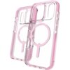 Przezroczyste etui z różowymi akcentami, przeznaczone do telefonu Apple iPhone 17 Pro, posiada okrągły wzór kompatybilny z MagSafe. Na etui widoczny jest napis "ZAGG".