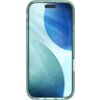 Przezroczyste etui na telefon z widocznymi zaokrąglonymi krawędziami, w środku znajduje się ekran z abstrakcyjnym wzorem w odcieniach niebieskiego i zielonego. Na ekranie widoczne są duże, półprzezroczyste koła w różnych odcieniach.