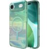 Przezroczyste etui na telefon z efektem olejowym w wielokolorowych odcieniach, z widocznym okrągłym wzorem na środku. Obok etui znajduje się telefon z wyświetlaczem pokazującym abstrakcyjny, zielono-niebieski wzór.