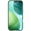 Przezroczyste etui na telefon z widocznymi zielonymi i niebieskimi okręgami na tle, które tworzą abstrakcyjny wzór. Etui ma zaokrąglone krawędzie i wycięcie na aparat oraz głośnik.
