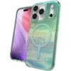 Na zdjęciu widoczne jest wielokolorowe etui na telefon z przezroczystymi elementami, które ma okrągły wzór na tylnej części, oraz telefon z wyświetlaczem pokazującym abstrakcyjne, kolorowe tło. Etui posiada wycięcia na aparat i inne elementy telefonu.