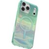 Wielokolorowe etui na telefon z efektem olejowym, przeznaczone do modelu Apple iPhone 17 Pro Max, posiada przezroczystą obudowę z widocznym okrągłym wzorem MagSafe. W górnej części etui znajdują się wycięcia na trzy obiektywy aparatu oraz dodatkowe otwory
