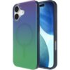 Przedstawione jest etui na telefon w kolorze wielokolorowym, z gradientem przechodzącym od fioletu do zieleni, z widocznym okrągłym wzorem na tylnej części. Obok etui znajduje się telefon z wyświetlaczem pokazującym abstrakcyjny, niebiesko-biały wzór.