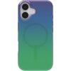 Przezroczyste etui na telefon z gradientowym przejściem kolorów od fioletowego u góry do zielonego na dole, z widocznym okręgiem MagSafe. W lewym górnym rogu znajdują się dwa otwory na obiektywy aparatu.
