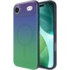 Przezroczyste etui na telefon z gradientowym wzorem w odcieniach fioletu i zieleni, z widocznym okręgiem MagSafe. Etui jest założone na telefon, którego ekran wyświetla zielono-niebieską grafikę.