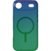 Przezroczyste etui na telefon z gradientem kolorów od niebieskiego do zielonego, z okrągłym symbolem MagSafe na środku. Etui ma wycięcia na aparat i przyciski.