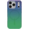 Przezroczyste etui na telefon z gradientem kolorów od fioletowego u góry do zielonego na dole, z widocznym okręgiem MagSafe. W górnej części etui znajdują się wycięcia na trzy duże obiektywy aparatu oraz dwa mniejsze otwory.
