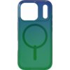 Przezroczyste etui na telefon w odcieniach zieleni i niebieskiego z okrągłym wzorem na środku, posiada wycięcia na aparat i dodatkowy element. Produkt przeznaczony jest do Apple iPhone 17 Pro.