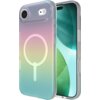Przezroczyste etui na telefon z gradientowym wzorem w odcieniach różu, żółci i błękitu, z widocznym okrągłym symbolem na środku. Obok etui znajduje się telefon z wyświetlaczem pokazującym zielono-niebieską grafikę.