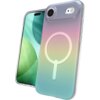 Na zdjęciu widoczne jest etui na telefon o wielokolorowym, iryzującym wykończeniu z okrągłym wzorem, obok którego znajduje się smartfon z wyświetlaczem przedstawiającym zielone okręgi na jasnym tle.