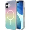 Na zdjęciu widoczne jest wielokolorowe etui na telefon z gradientem, przeznaczone do iPhone'a, z okrągłym wzorem na tylnej części. Etui ma przezroczyste krawędzie i wycięcia na aparat oraz przyciski.