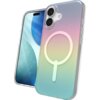 Przezroczyste etui na telefon z efektem iridescent, przechodzącym od różowego do niebieskiego, z widocznym białym okręgiem MagSafe. Obok etui znajduje się telefon z wyświetlaczem przedstawiającym abstrakcyjne, niebieskie kształty.