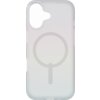 Przezroczyste etui na telefon z widocznym okrągłym wzorem na środku, przeznaczone do urządzeń z funkcją MagSafe. Etui ma opalizujący efekt kolorystyczny i wycięcie na aparat w górnej części.