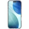 Przezroczyste etui na telefon z efektem iridescent, widoczne na tle ekranu z abstrakcyjnym wzorem w odcieniach niebieskiego i zielonego. Produkt przeznaczony jest do Apple iPhone 17.