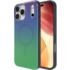 Etui ZAGG Milan Snap MagSafe Raven Feather do Apple iPhone 17 Pro Max w wielokolorowym wzorze, z widocznym okręgiem MagSafe na tylnej części. Obok etui znajduje się telefon z wyświetlaczem pokazującym abstrakcyjny, kolorowy wzór.
