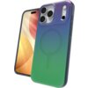 Etui na telefon z gradientowym wzorem w kolorach fioletowym i zielonym, z okrągłym oznaczeniem MagSafe. Obok etui widoczny jest telefon z wyświetlaczem przedstawiającym abstrakcyjny wzór w odcieniach pomarańczowego i żółtego.