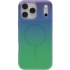 Przezroczyste etui na telefon z gradientowym wzorem przechodzącym od fioletu na górze do zieleni na dole, z widocznym okręgiem MagSafe. Etui jest dopasowane do modelu telefonu z trzema dużymi obiektywami aparatu i dwoma mniejszymi otworami.