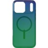 Przezroczyste etui na telefon w kolorze wielokolorowym z gradientem od fioletu do zieleni, z okrągłym wzorem na środku. Etui ma wycięcia na aparat i przyciski.