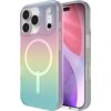 Przezroczyste etui na telefon z gradientowym wzorem w kolorach tęczy, posiada okrągły symbol MagSafe i wycięcia na aparat oraz przyciski. W tle widoczny jest ekran telefonu z kolorowym motywem.