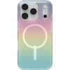 Przezroczyste etui na telefon z gradientowym wzorem w odcieniach różu, żółci i zieleni, posiada okrągły symbol MagSafe. W górnej części widoczne są wycięcia na trzy obiektywy aparatu i lampę błyskową.