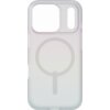 Przezroczyste etui z iryzującym wykończeniem, przeznaczone do telefonu Apple iPhone 17 Pro, posiada wycięcia na aparat i przyciski oraz okrągły wzór wskazujący na kompatybilność z MagSafe.