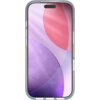 Przedstawione jest etui na telefon z przezroczystymi krawędziami, w którym znajduje się urządzenie z wyświetlaczem pokazującym abstrakcyjny wzór w odcieniach fioletu i różu. Na ekranie nie ma widocznego tekstu ani logo.