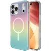 Przezroczyste etui na telefon z gradientowym, wielokolorowym wzorem i okrągłym symbolem kompatybilnym z MagSafe, widoczne na tle telefonu z wyświetlaczem o ciepłych barwach. Etui posiada wycięcia na aparat i przyciski boczne.