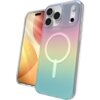 Etui na telefon z gradientowym wzorem w kolorach tęczy, z okrągłym symbolem na środku, jest umieszczone obok telefonu z wyświetlaczem przedstawiającym abstrakcyjne, kolorowe kształty. Etui posiada wycięcia na aparat i przyciski.