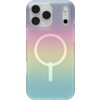 Przezroczyste etui na telefon z gradientowym wzorem w odcieniach różu, żółci i błękitu, posiada okrągły symbol MagSafe. W górnej części widoczne są wycięcia na trzy obiektywy aparatu oraz dodatkowe otwory na lampę błyskową i mikrofon.