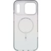 Przezroczyste etui na telefon z iryzującym wykończeniem, posiada okrągły wzór z napisem "PROTECT BETTER" oraz logo "ZAGG" poniżej. Etui ma wycięcia na aparat i inne elementy telefonu.