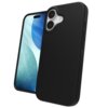 Czarne etui na telefon z dwoma otworami na aparaty, obok którego znajduje się smartfon z wyświetlaczem pokazującym abstrakcyjną grafikę w odcieniach niebieskiego i zielonego. Na etui widoczne są przyciski boczne.