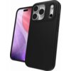 Czarne etui na telefon z trzema otworami na aparaty i jednym na lampę błyskową, obok widoczny telefon z kolorowym ekranem w odcieniach różu i fioletu. Produkt to "Etui ZAGG Manhattan Snap Magsafe do Apple iPhone 17 Pro Czarny".