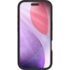 Czarne etui na telefon z widocznym ekranem, na którym znajduje się abstrakcyjna grafika z dużymi, kolorowymi okręgami w odcieniach różu i fioletu. Etui ma gładką powierzchnię i wycięcie na aparat oraz przyciski.