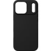 Czarne etui na telefon z dużym otworem na aparat i mniejszym na lampę błyskową, wykonane z gładkiego materiału. Produkt nie posiada widocznych napisów ani logo.
